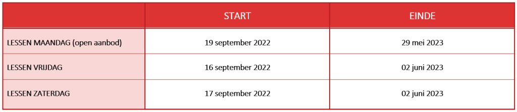 Start-einde lessen 2022-2023